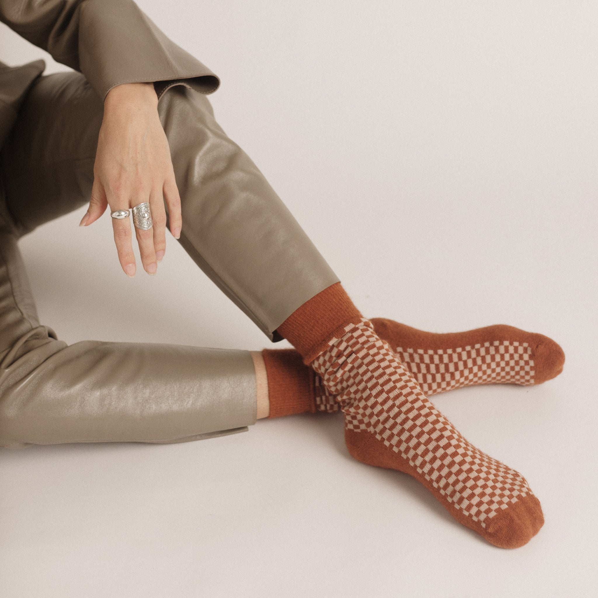 Possum Merino Wool DUNEDIN Socks, Burnt Orange Chess - Small