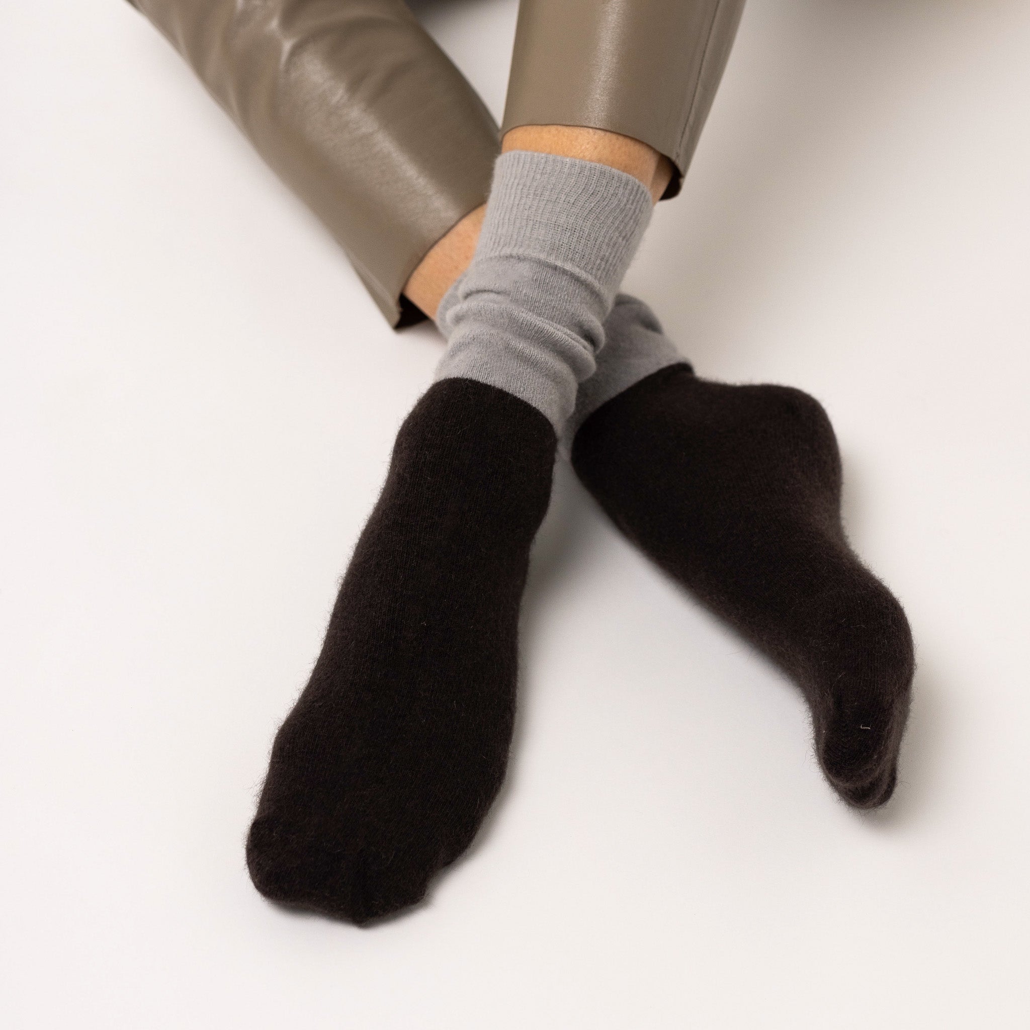 Possum Merino Wool DUNEDIN Double Color Socks, Harbour Mist + Seal Brown
