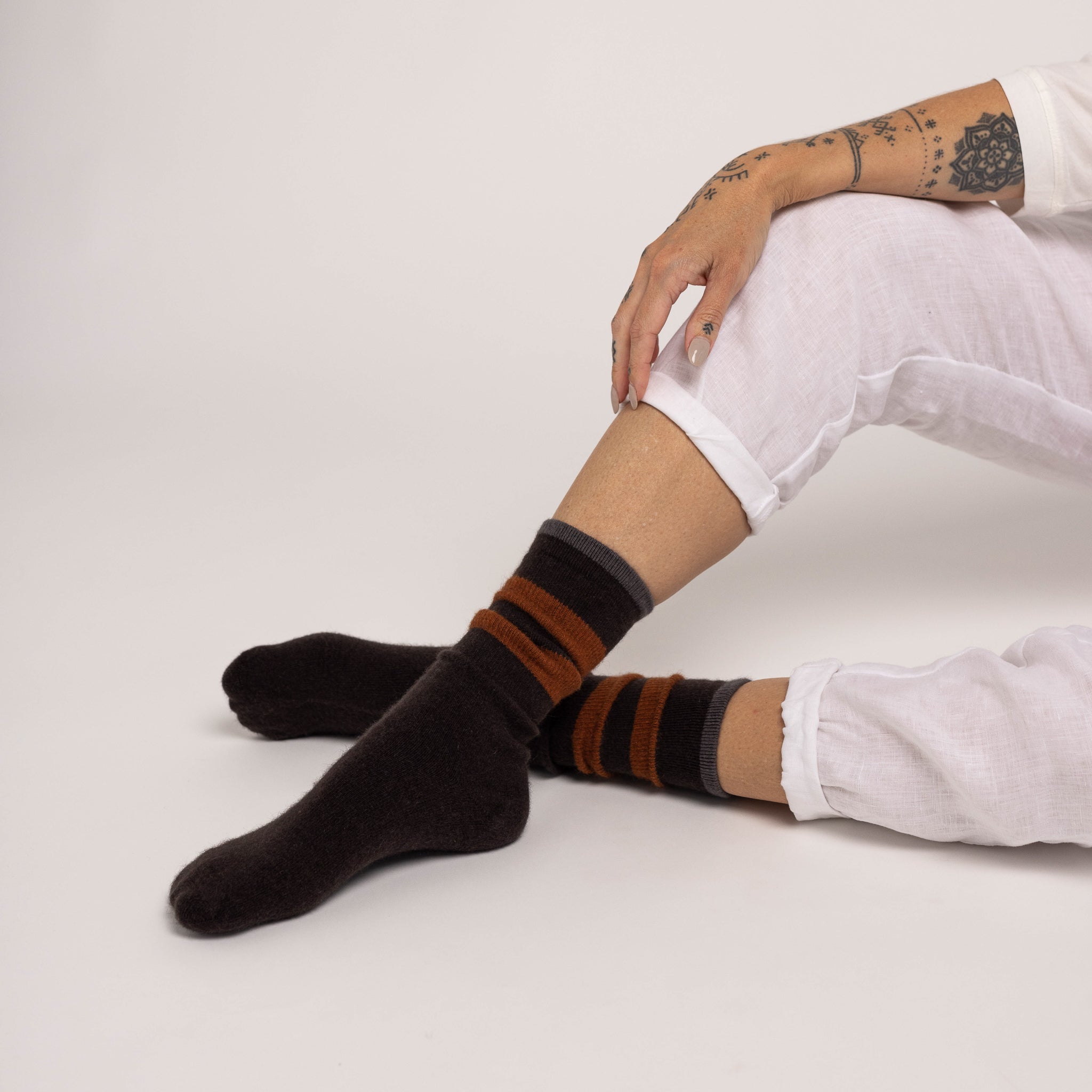 Possum Merino Wool DUNEDIN Three Stripes Socks, Seal Brown