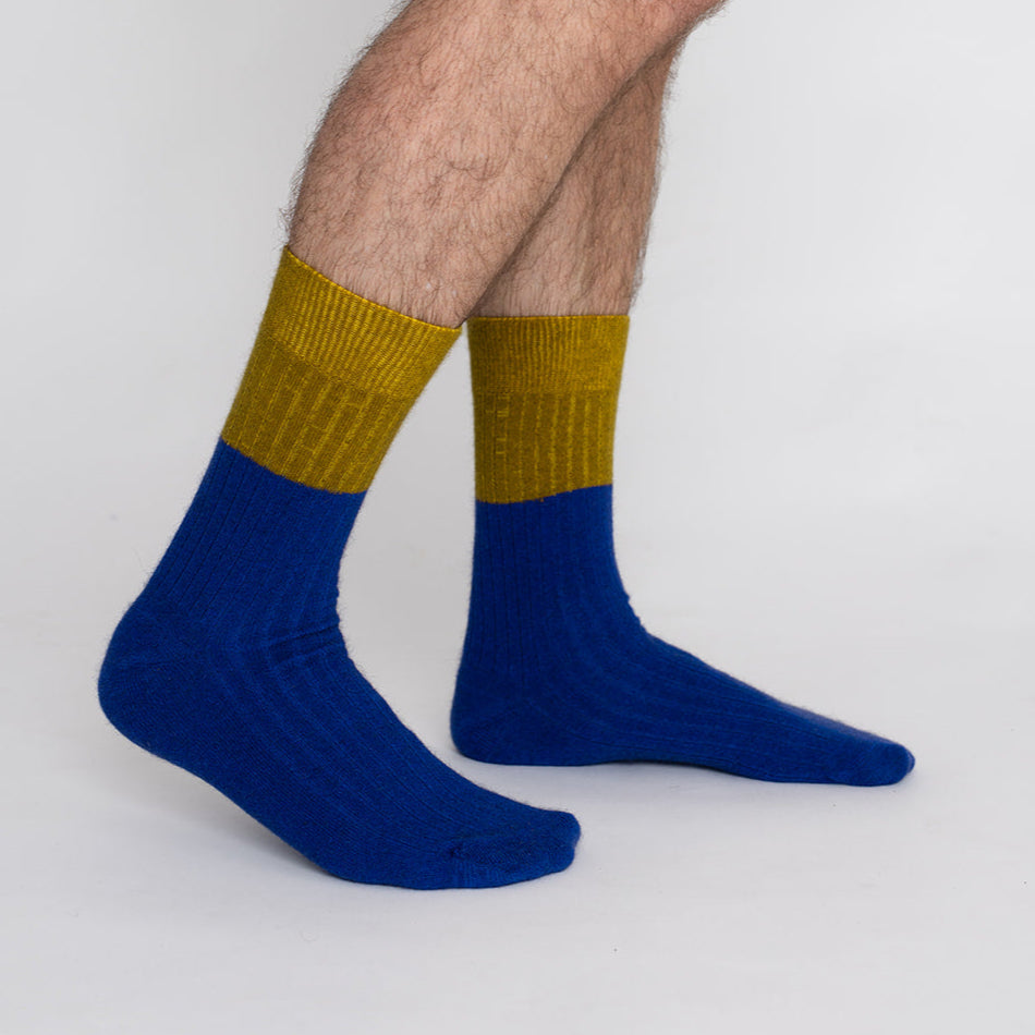 Possum Merino Wool DUNEDIN Double Color Socks, Royal Blue + Ecru Olive Men