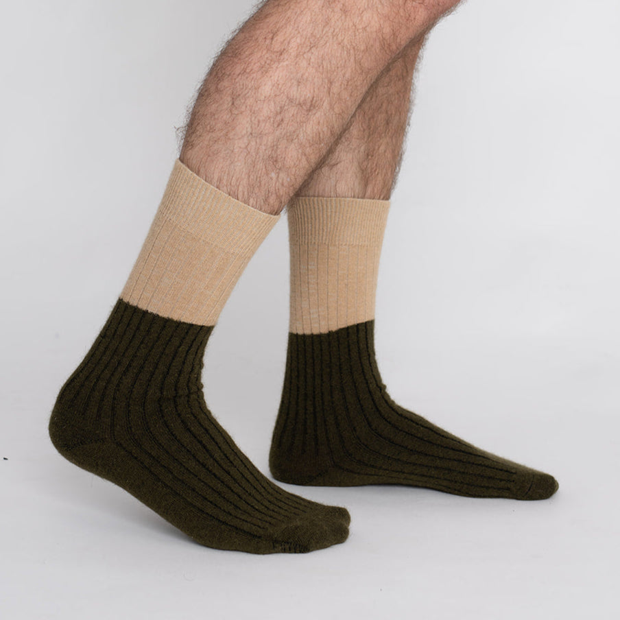 Possum Merino Wool DUNEDIN Double Color Socks, Military Olive + Beige