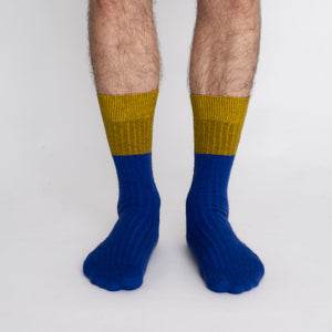 Possum Merino Wool DUNEDIN Double Color Socks, Royal Blue + Ecru Olive Men
