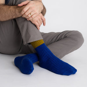 Possum Merino Wool DUNEDIN Double Color Socks, Royal Blue + Ecru Olive Men