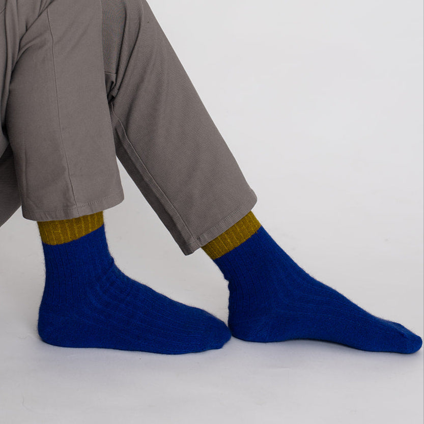 Possum Merino Wool DUNEDIN Double Color Socks, Royal Blue + Ecru Olive Men
